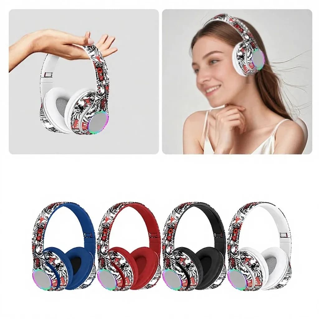 Graffiti on-ear Bluetooth-hovedtelefoner med LED-lys og dyb bas
