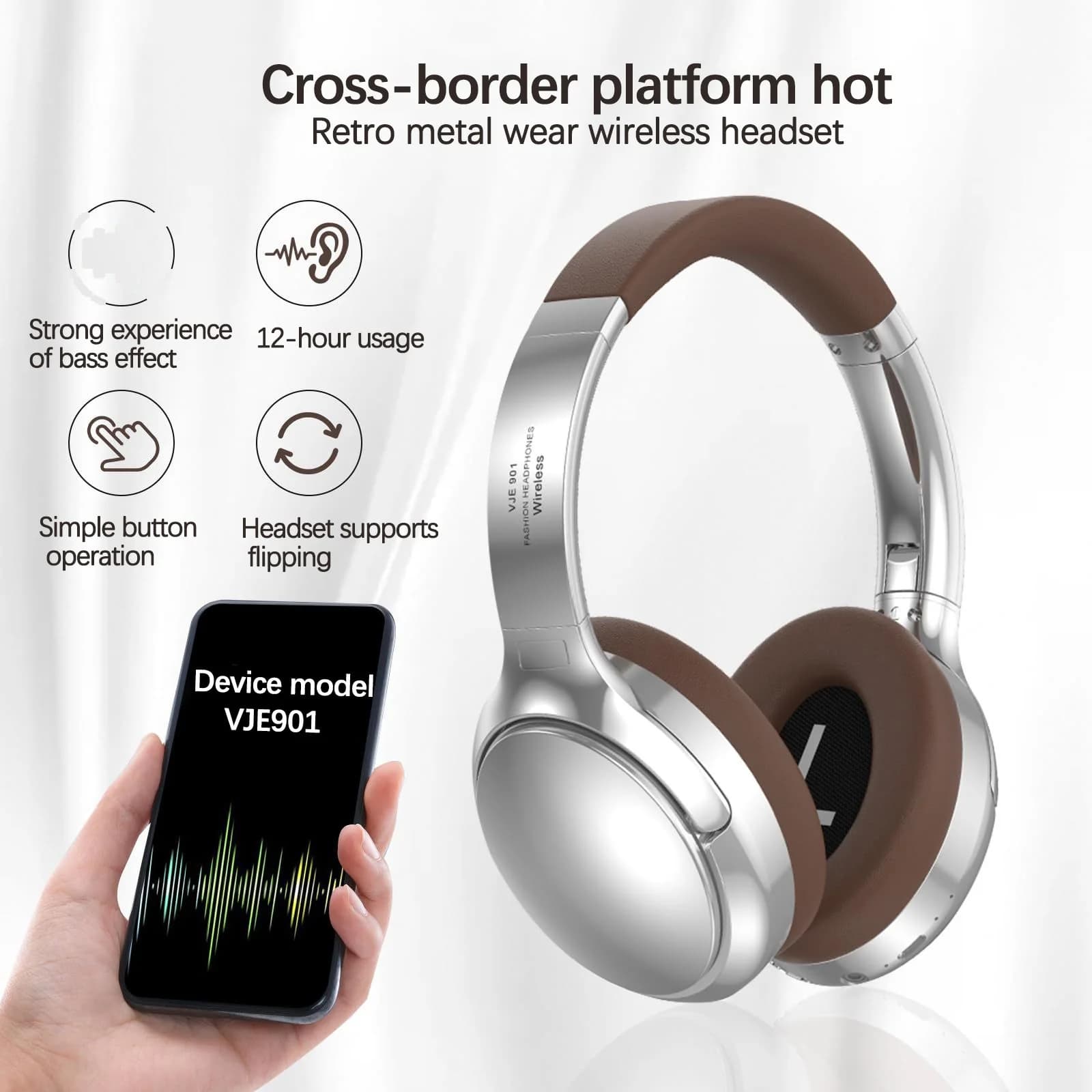Retro trådløse Bluetooth-hovedtelefoner over-ear stereo med mikrofon