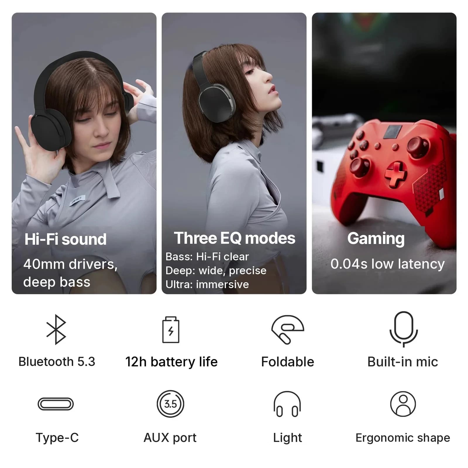 Trådløse over-ear Bluetooth-hovedtelefoner med tre EQ-tilstande og mikrofon