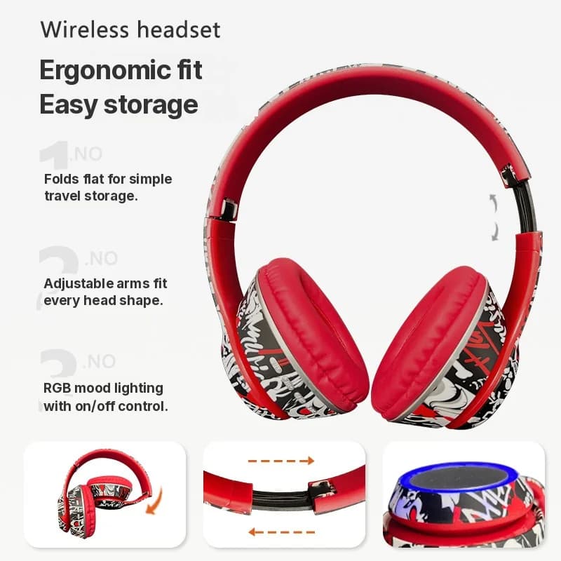 Graffiti on-ear Bluetooth-hovedtelefoner med LED-lys og dyb bas
