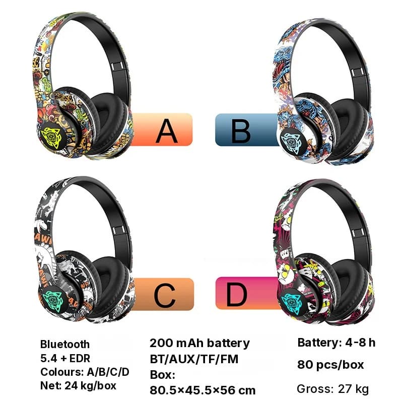 Trådløse Bluetooth-hovedtelefoner med graffiti-design og foldbar konstruktion